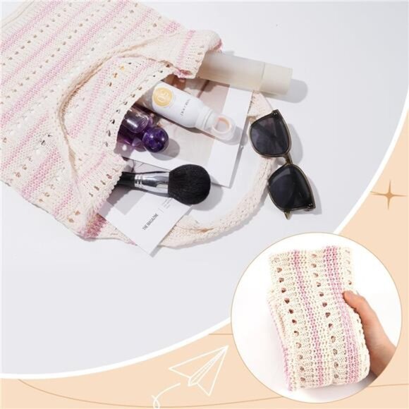 Crochet Tote Bag, Mesh Beach Bag Beige Pink - Picture 6 of 7